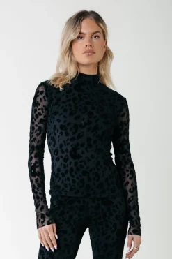 Online Colourful Rebel Neyo Leopard Flock Mesh Top | Black