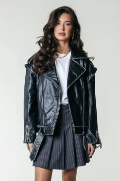 Sale Colourful Rebel Sage Leather Biker Jacket | Black